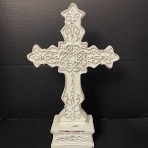 Three Hands Corp White Cross Intentionally Distressed Ornate Christian Farmhouse